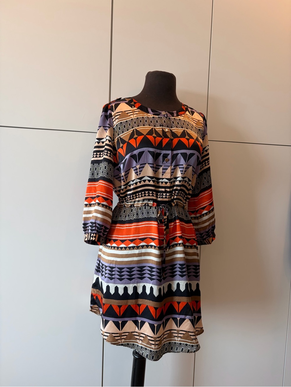 Alpha Femelle NWT 100% Mulberry Silk Dress | Geometric Print | Gold color Button